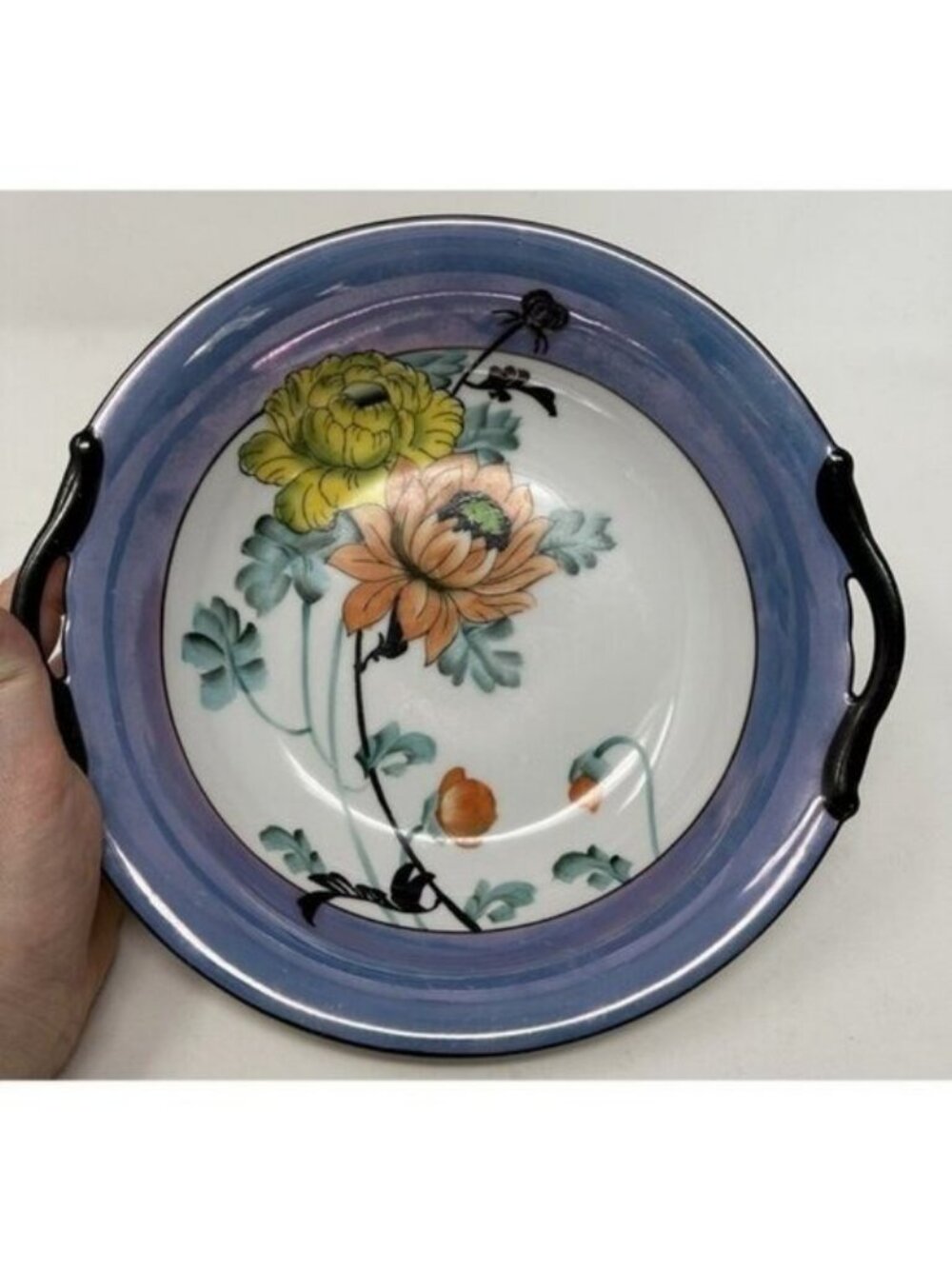 NORITAKE MORIMURA TWO HANDLED SERVING BOWL Floral Art Deco Blue Luster Ware - Picture 11 of 15